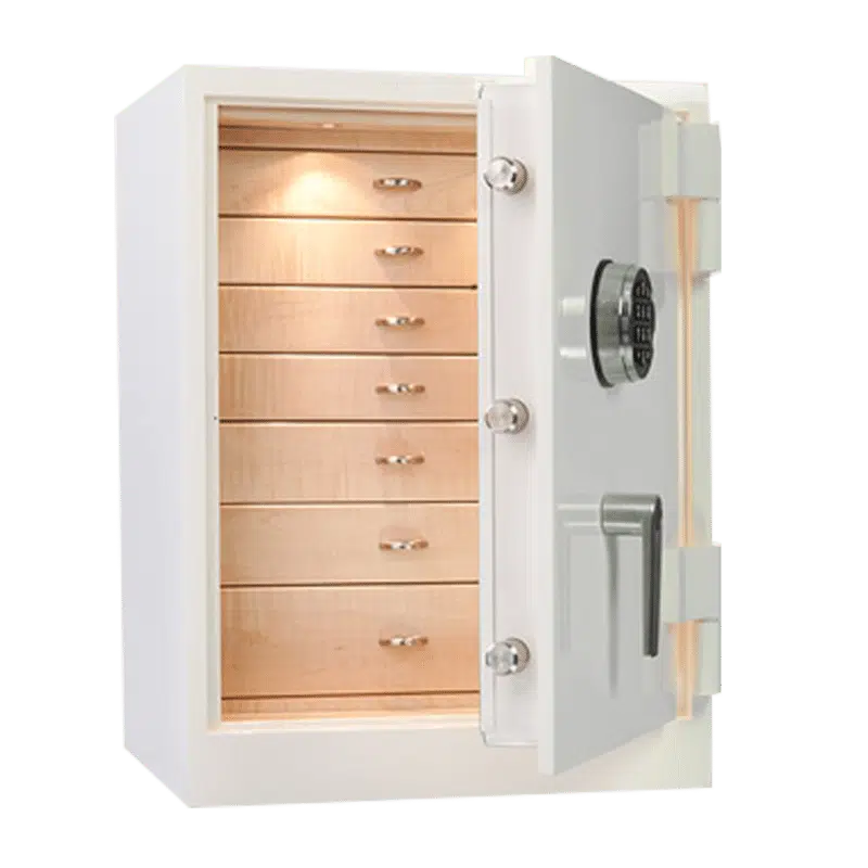 caja fuerte lujosa con bulones en acero inoxidable, cajones interiores de madera