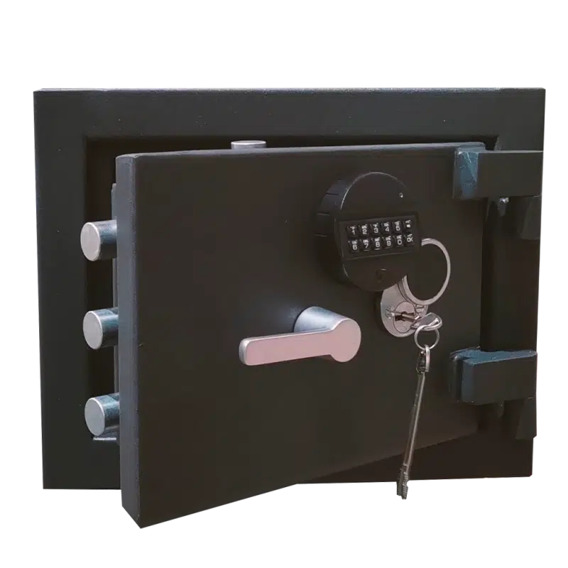 armero certificado para armas cortas y pistolas de color negro y con una cerradura digital y una cerradura de llaves