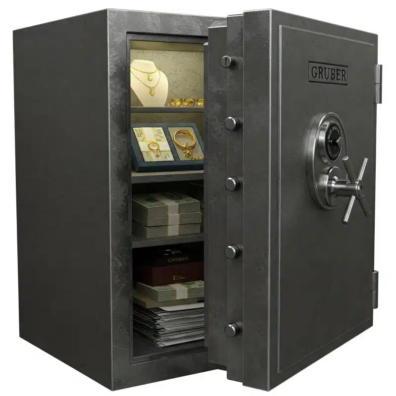 Comparación entre una caja de seguridad bancaria y una caja fuerte en casa. Resalta la diferencia en seguridad y accesibilidad entre ambas opciones.